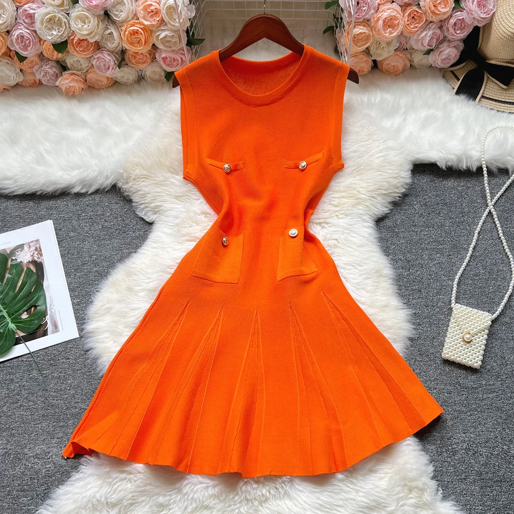 Chic Fashion 2025 Summer Pleated Short Dress Women O-neck Slim Waist A-line Party Dress Streetwear Lady Outfits Vestido