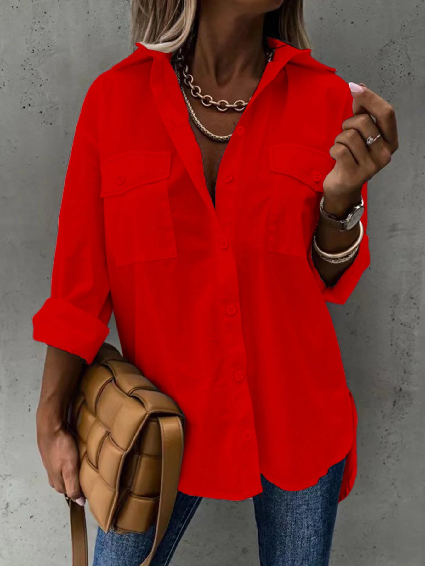 Women's shirt - front placket button double pocket, front short back long long sleeve shirt, front short back long