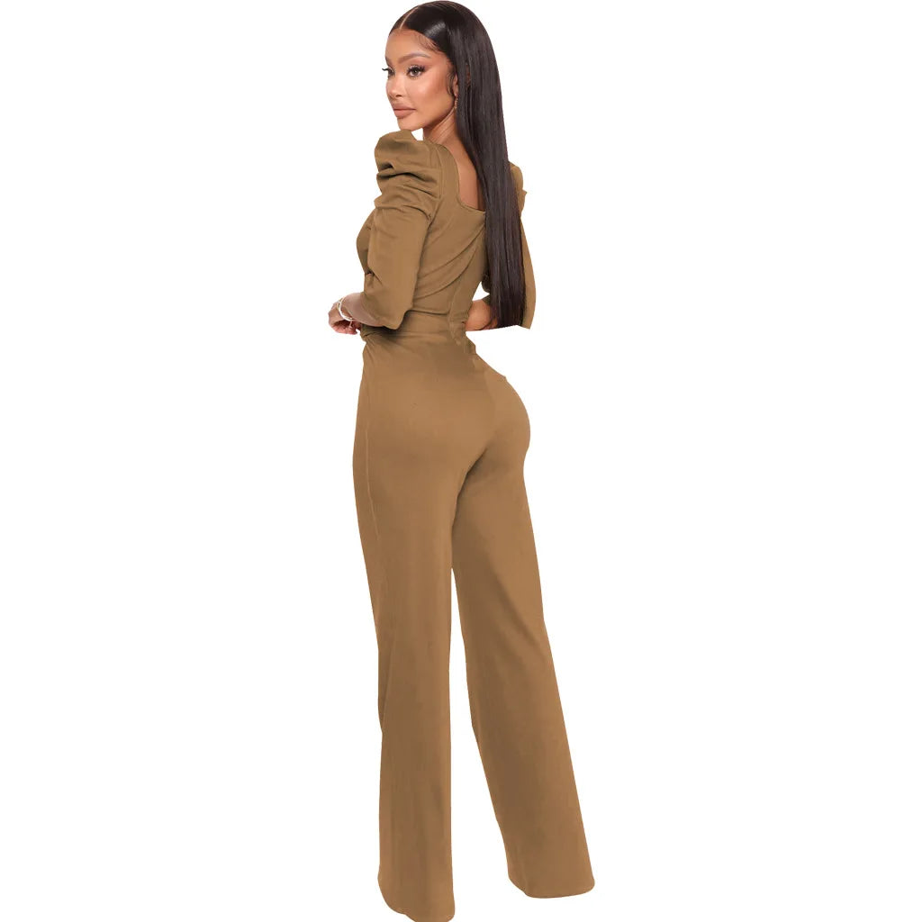 Sexy fashion solid color seven-quarter sleeve V-neck women's jumpsuit SMR10805