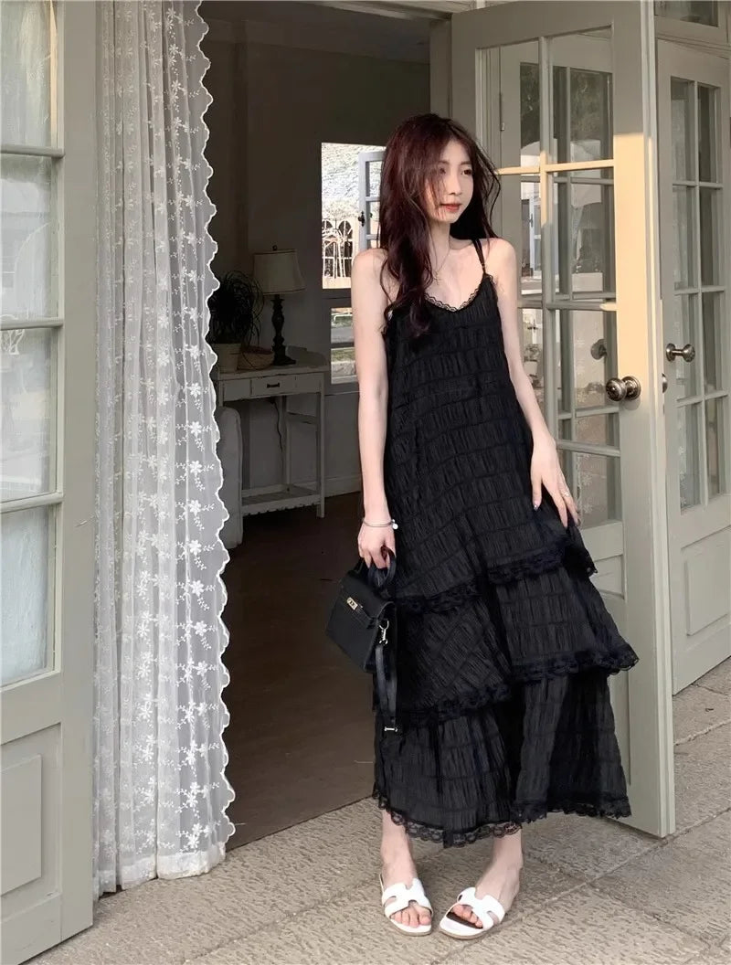 Summer  Long Vintage Casual Ruffles Elegant Maxi Strap Camis Silky Beach Lace Elegant Party Dress Vestidos Sexy Women