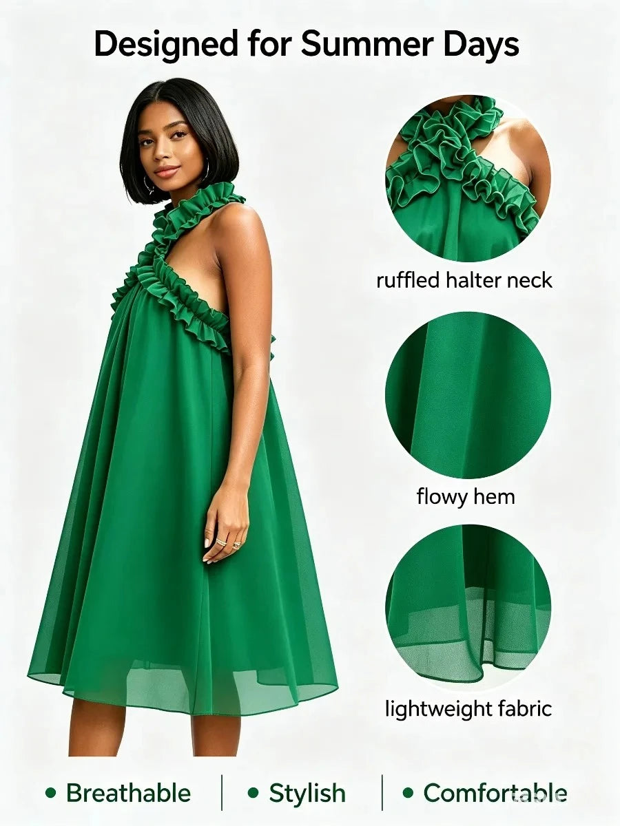 Freeacy Women's Soild Green Halter-neck Midi Dress 2026 Summer Stylish A-line Backless Pleated Party Dresses Vacation Outfits