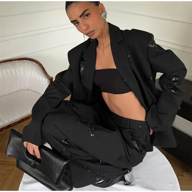 Women Black Floral Print Sequin Embroidery Two-piece Pant Suit Oversized Blazer Wide Leg Pants Formal Evening Matching Outfit