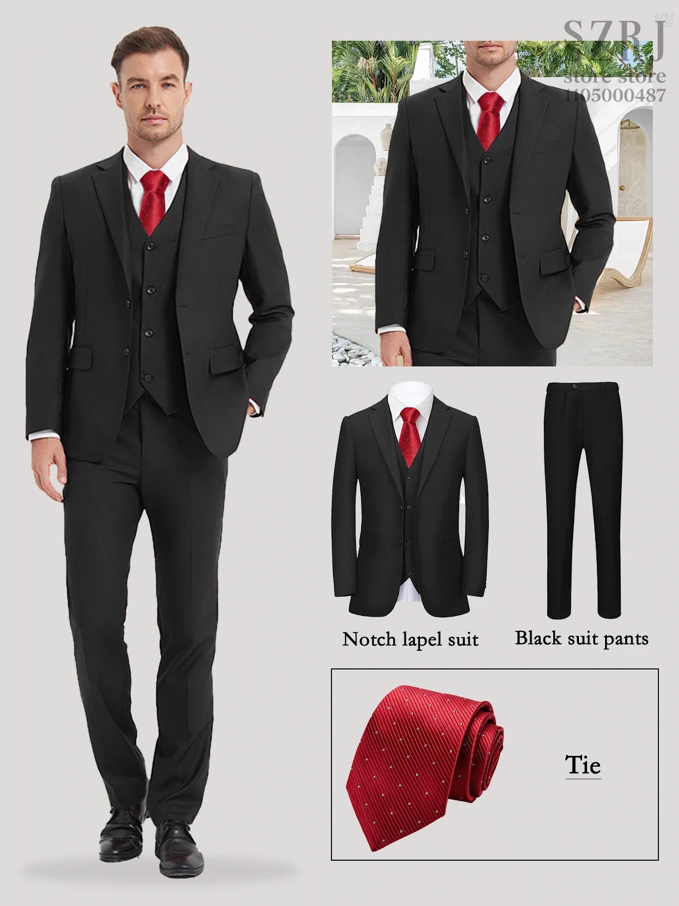 Men's 4-Piece Suit: Jacket+Vest+Pants+Red Spotted Tie.Gentleman Style, Premium, Tailored. For Business, Parties, Weddings.