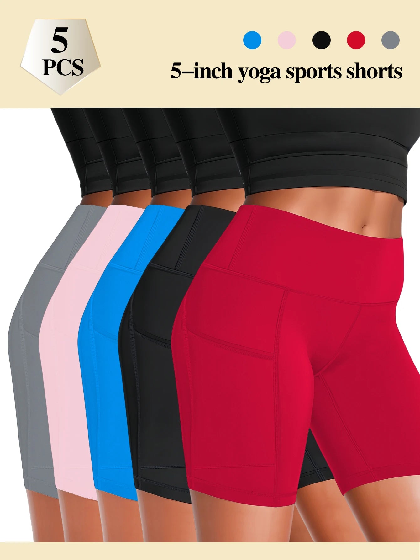 Women's sports leggings; fitness running shorts; breathable sports yoga leggings; with pockets, 5PCS