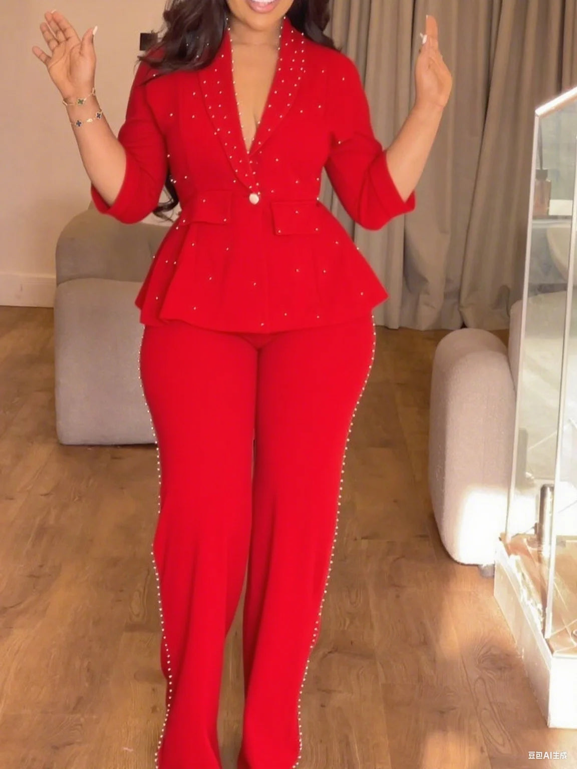 Elegant Women Two Pieces Set Beading Office Ladies High Waist Pants Work Wear Autumn Fall Fashion Business Party Classy Suits