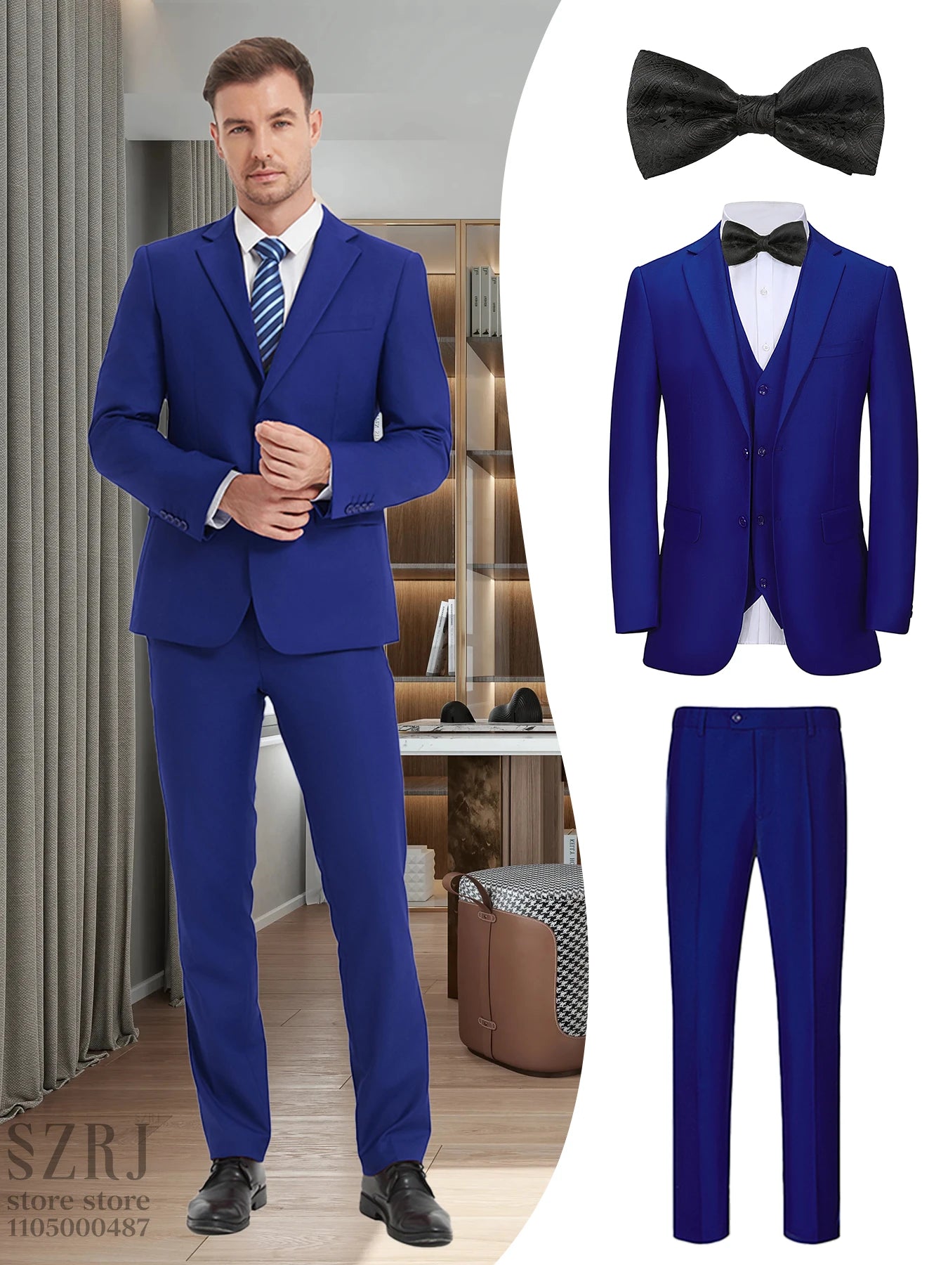 British Style Men's Suit Set (Jacket+Vest+Pants+Bow Tie) - Slim, Elegant, Multi-Occasion