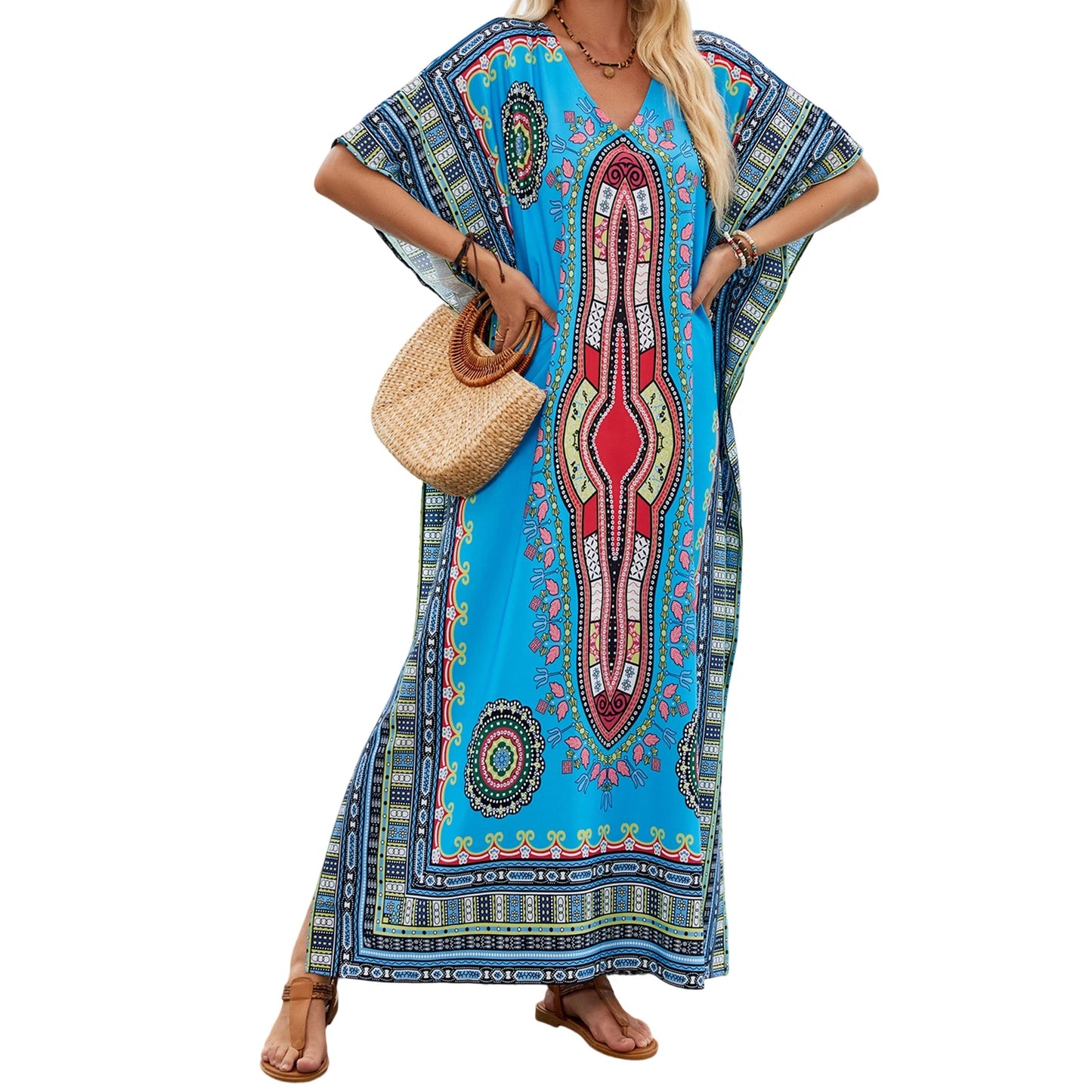 Women s Boho Style Floral Print V-neck Short Sleeve Beach Cover-up Dress with Side Slit Loose Fit Summer Maxi Dress