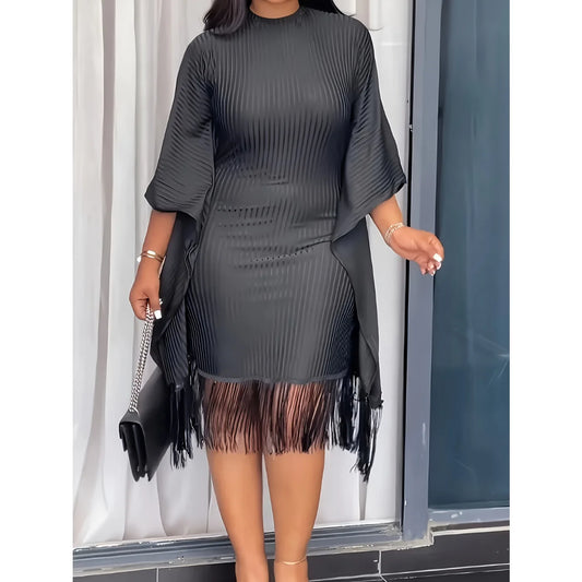 Round Neck Open Sleeve Fringed Hem Shirt Dress