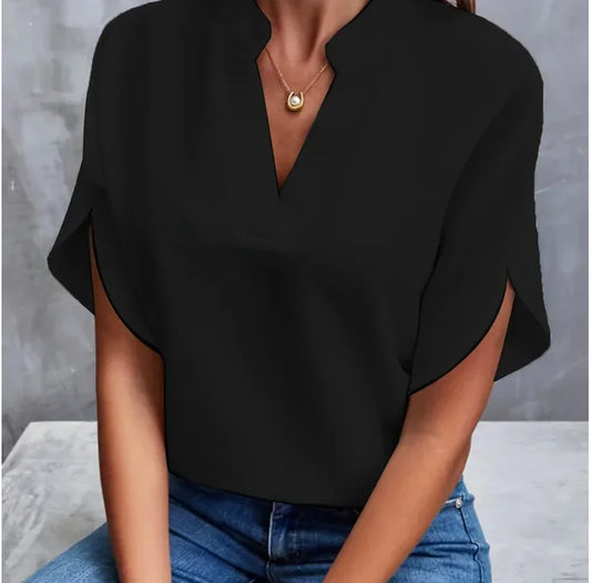Summer Elegant Women's Blouse New V-neck Short Sleeve Solid Color Loose Shirt Casual White Tops Office Lady Blouses