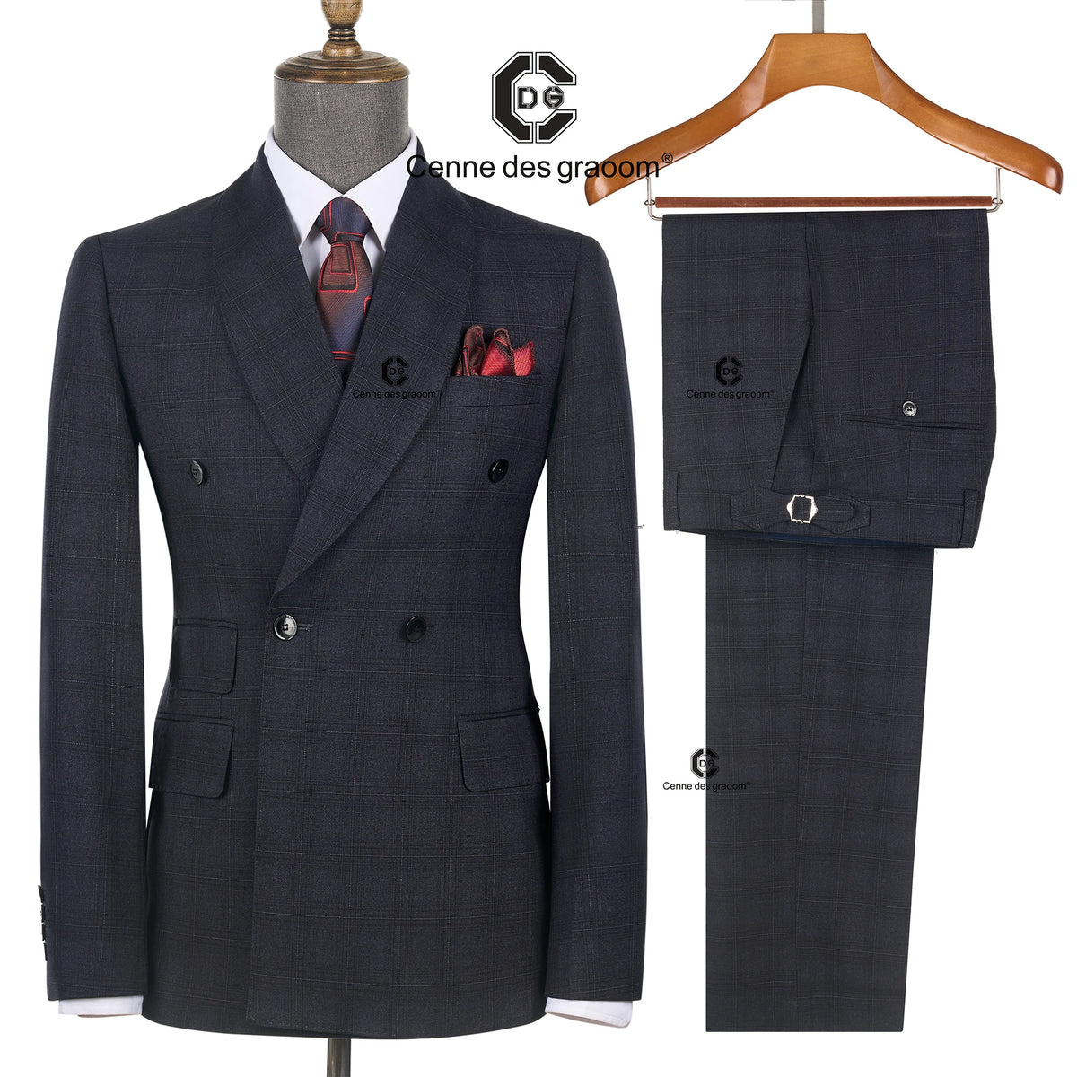 Cenne Des Graoom 2026 Grey Plaid Double Breasted Men Suits With Shawl Collar Tailor-Made For Meeting Office Wear Wedding