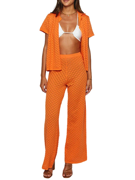Women s 2 Piece Knit Set Lapel Neck Short Sleeve Button Down Tops Elastic Waist Wide Leg Pants Solid Color Outfits for Summer