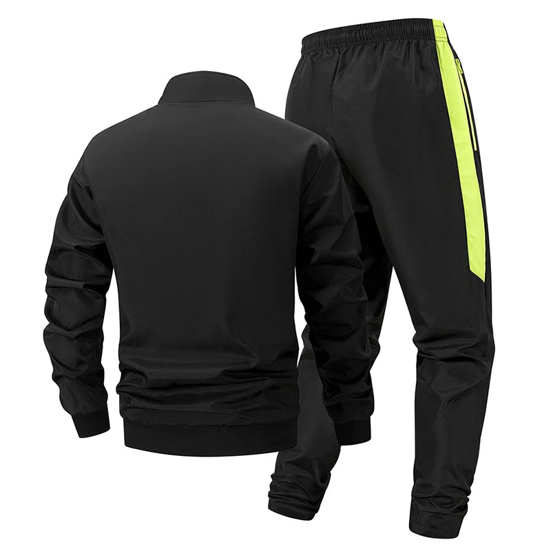 Bull Print Colorblock Sports Set for Men Outdoor Stand Collar Zip Up Jacket Coat Outwear Tops Pants Trousers with Zipper Pockets