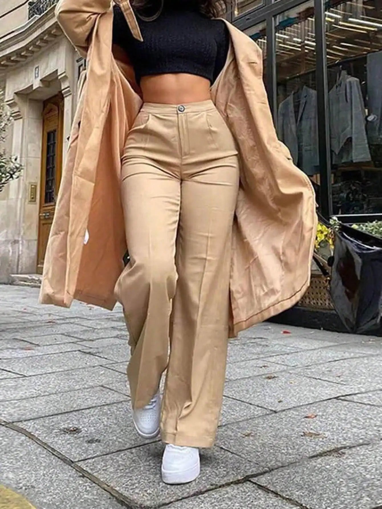 Ladies' Beige Suit Pants 2025 High Waisted Wide Leg Pants Business Casual Office Pants Fashionable Formal Wear