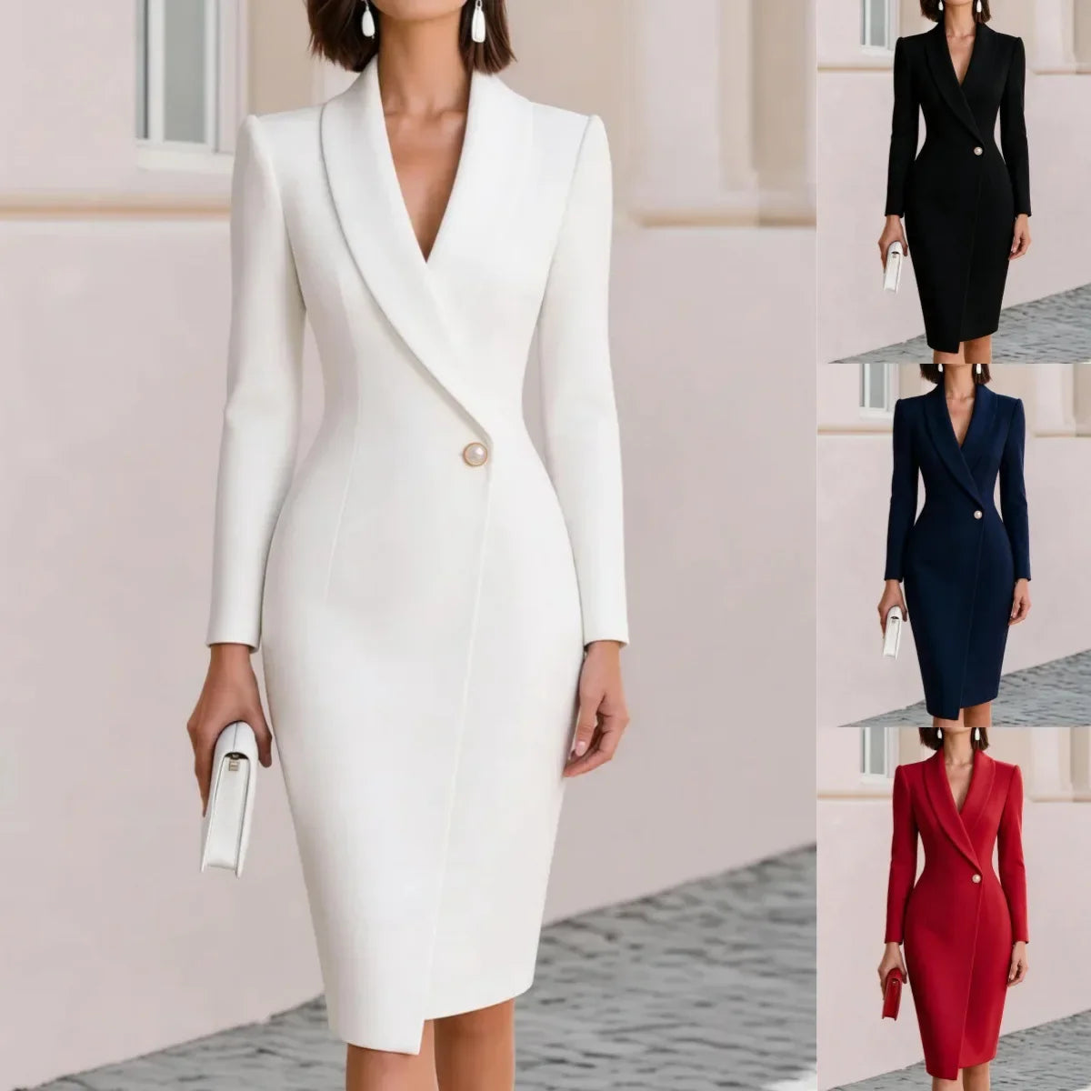 Elegant Ladies V Neck Blazer Midi Dress Long Sleeve Wrap Design Single Button Bodycon Dress