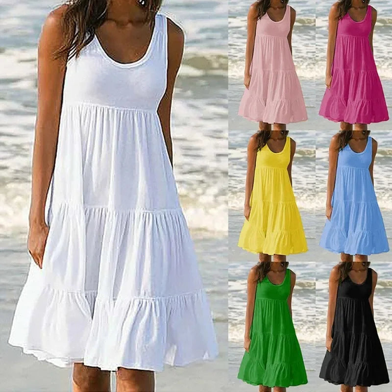 Women Causual O Neck Sleeveless Ruffles Mini Dress Boho Solid Beach Sundress Oversized Loose Dress 2025 Summer