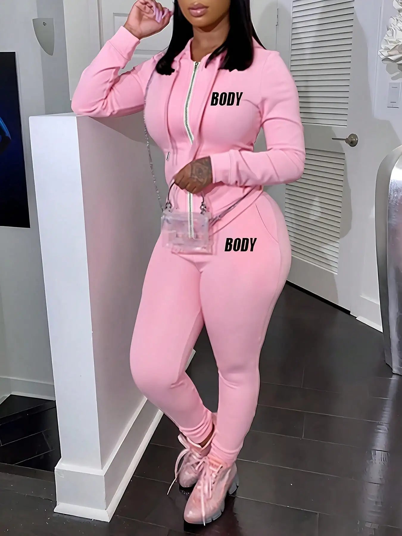 Women's Pink Zipper Sportswear Set of 2 Pieces Jogger Letter Printed Jogging Sportswear Hoodie and Sweatpants Set