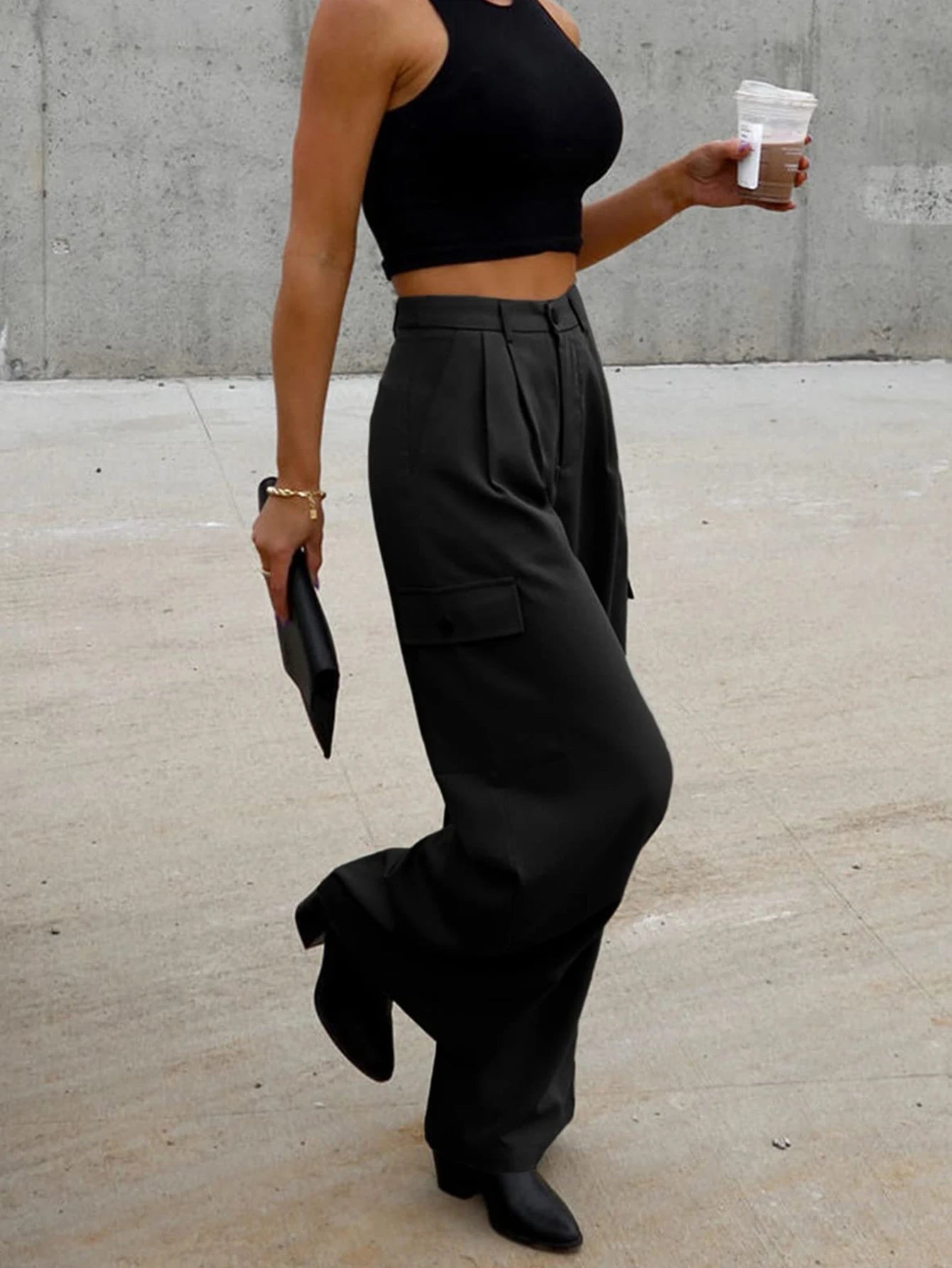 Casual High Waisted Pants for Women Loose Solid Color Versatile Wide Leg Pants with 4 Pockets Cargo Pants Black M