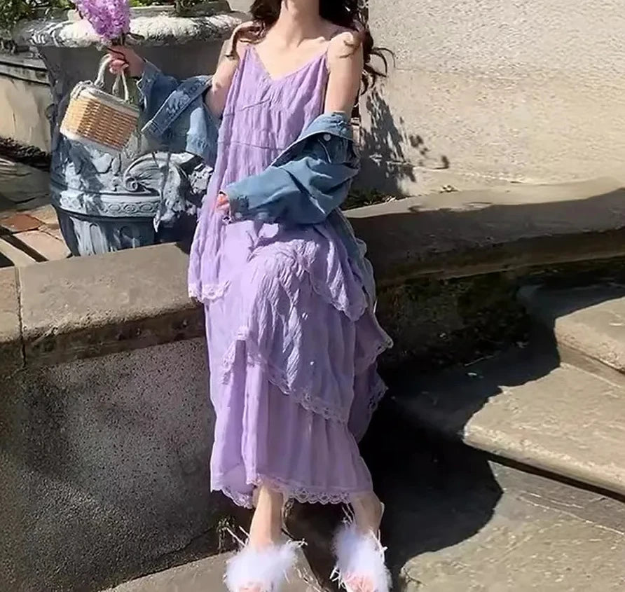 Summer  Long Vintage Casual Ruffles Elegant Maxi Strap Camis Silky Beach Lace Elegant Party Dress Vestidos Sexy Women