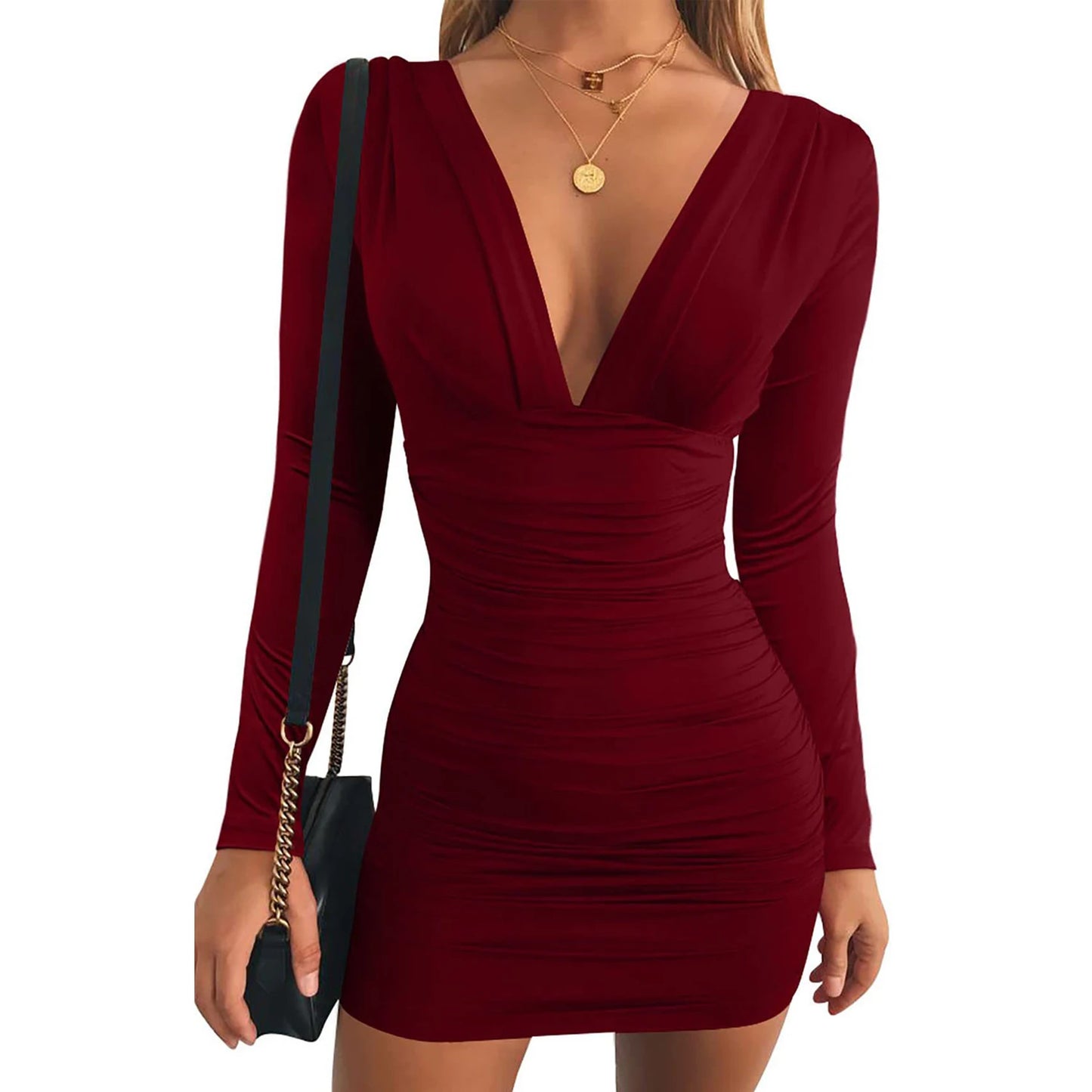 Women Bodycon Dress Ruched Casual Deep V Neck Wrap Dress Solid Color Mini Dress Party Solid Color Elegant High Waisted Short