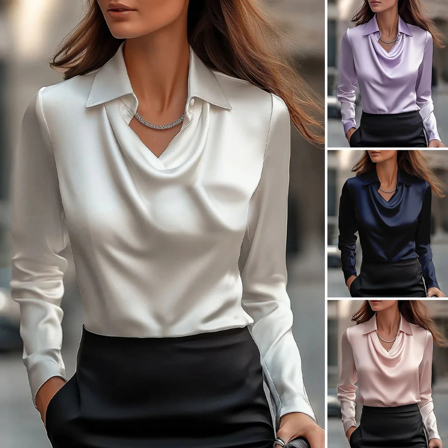 Satin Women Shirt Vintage Long Sleeve Blouse Women Silk Elegant Womens Tops Commuting Luxury White Shirt Autumn Female Clothing