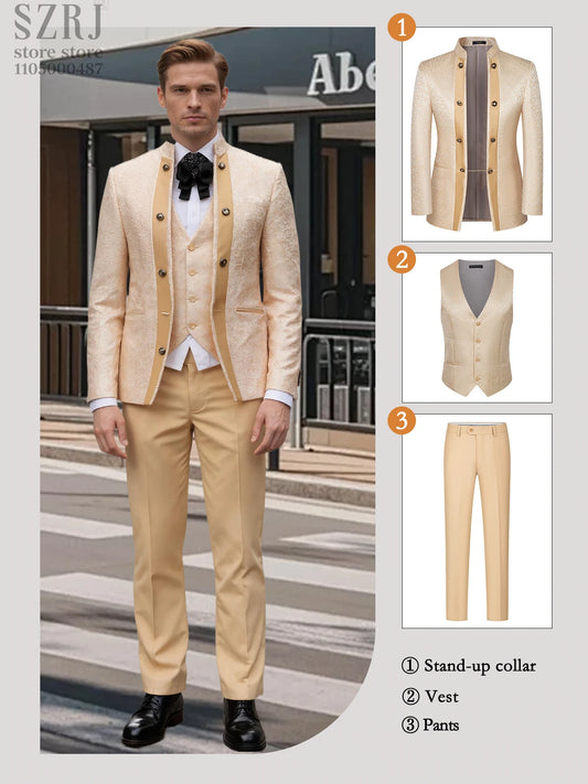 Men's 3pcs Floral Tuxedo Suit: Stand Collar, Double-Breasted Vest & Pants - Wedding/Party/Performance