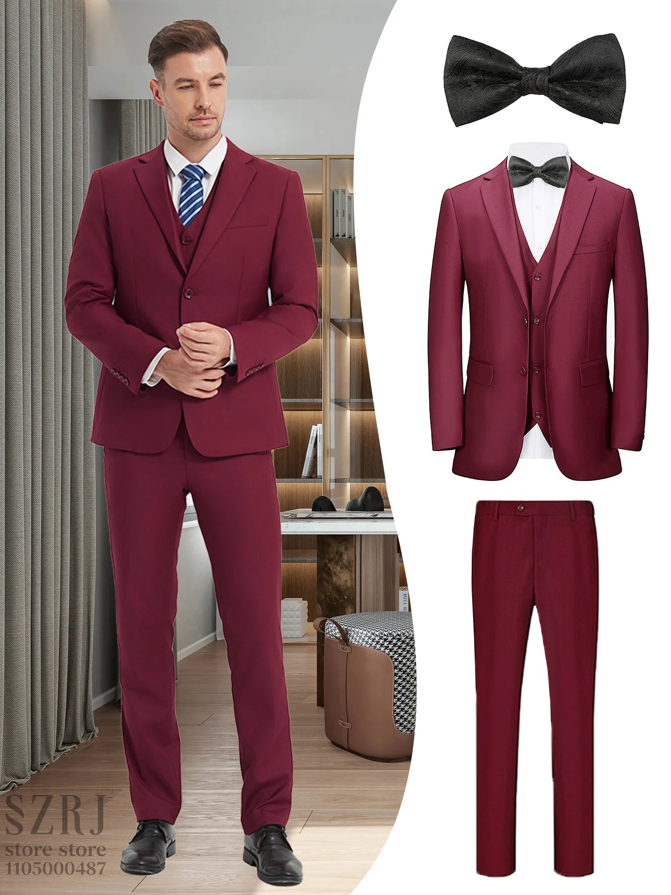 British Style Men's Suit Set (Jacket+Vest+Pants+Bow Tie) - Slim, Elegant, Multi-Occasion