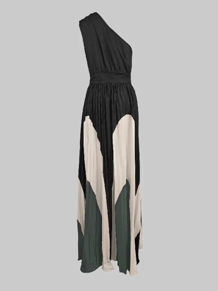 Women Fashion Printed Elegant Evening Maxi Dresses 2025 New Summer Sleeveless One-Shoulder Pleated A-line Long Dress