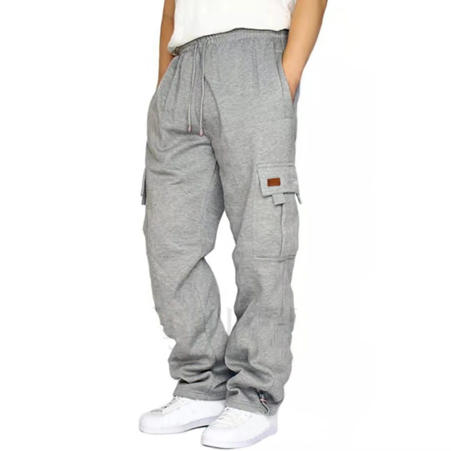 New Pants Male Fitness Running Trousers Drawstring Loose Waist Solid Color Pocket Loose Fleece Work Attire Leisure Sports