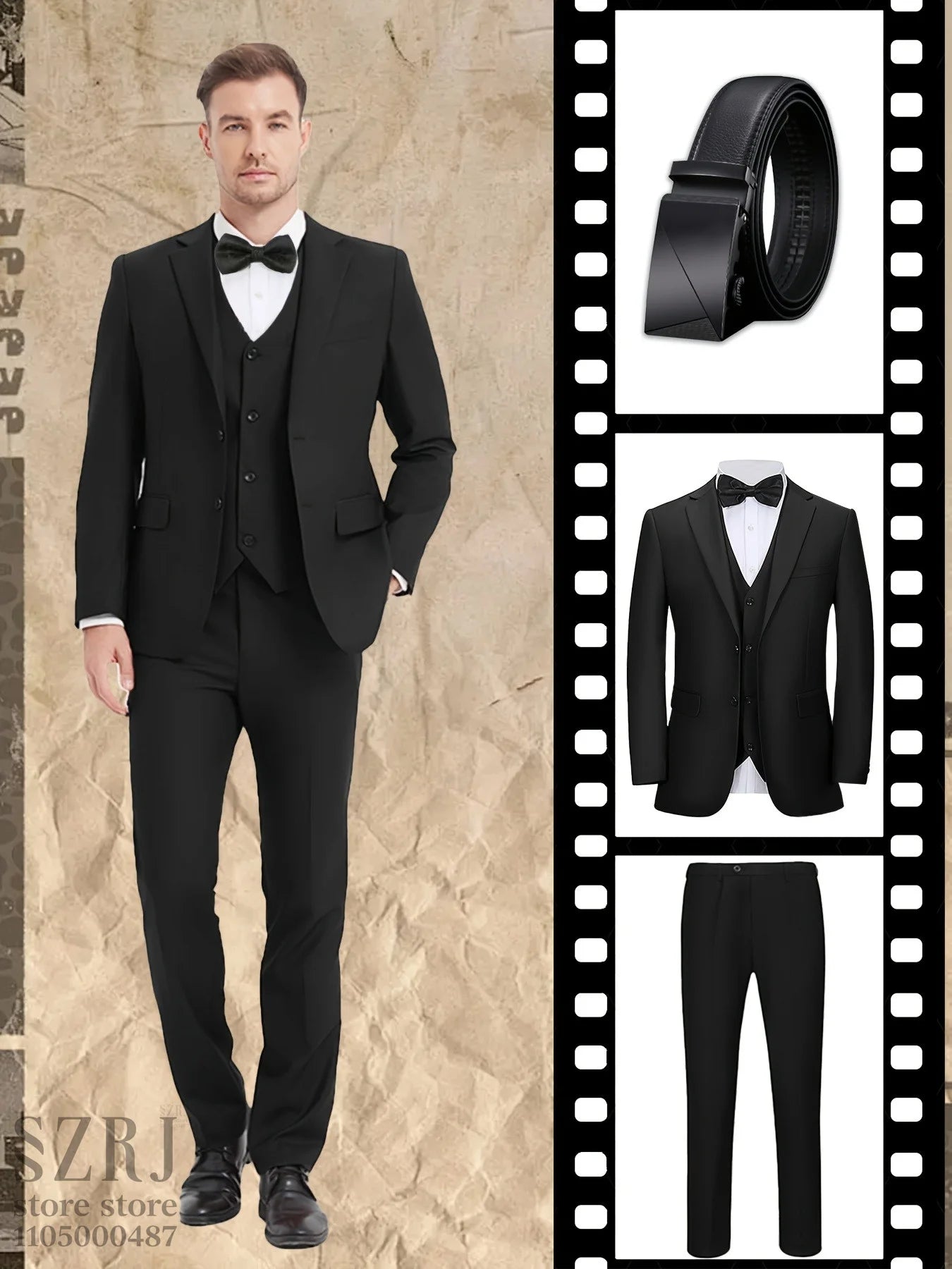 4pcs Men's Formal Suit Set: Tuxedo, Vest, Pants, Belt with .Classic Elegant Attire for Business, Party, Banquet, Job Interview