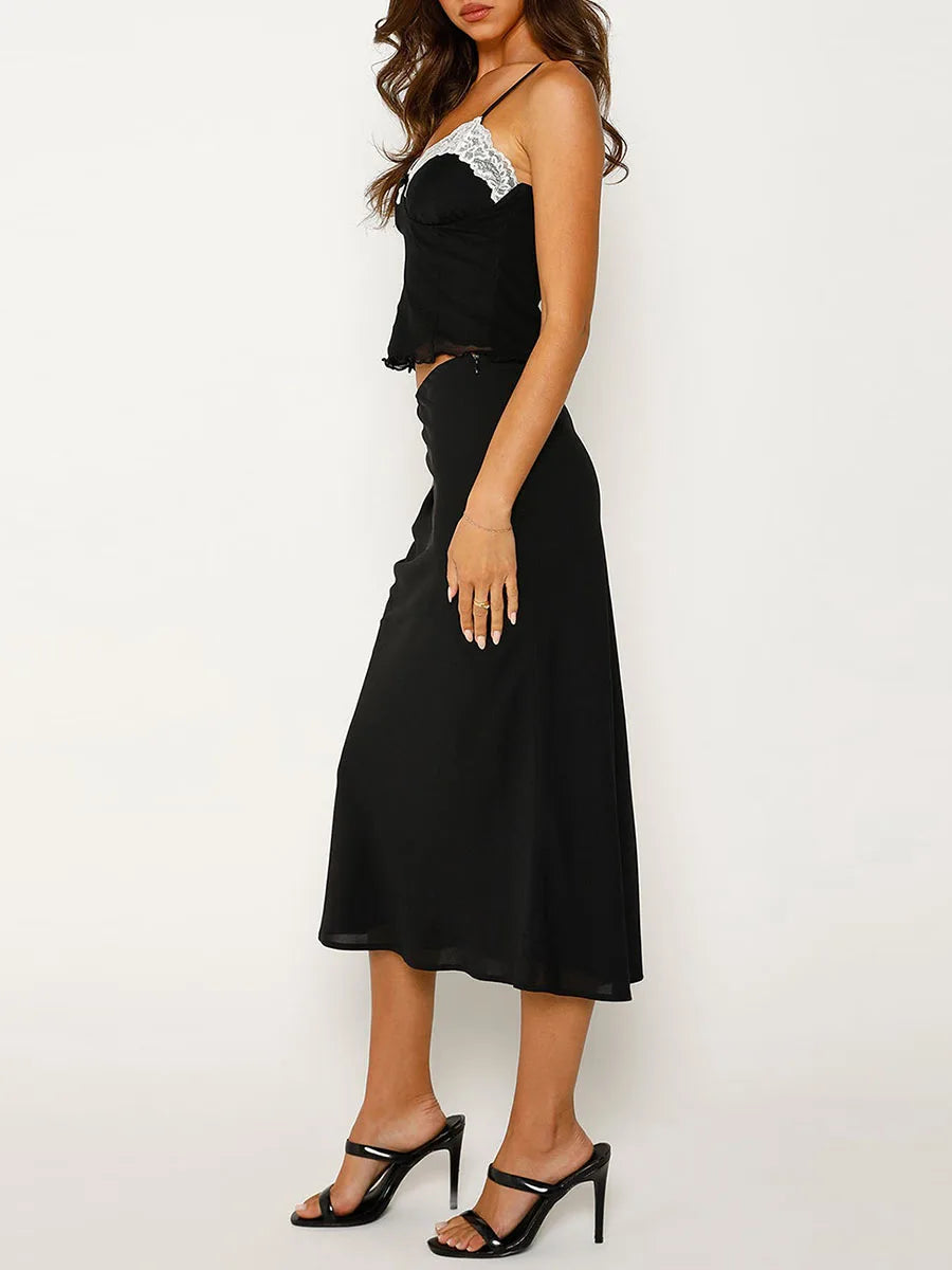 Women’s Summer Set Sleeveless Lace Trim Cami Tops Low Waist Midi Skirt with Side Zipper 2 Piece Set