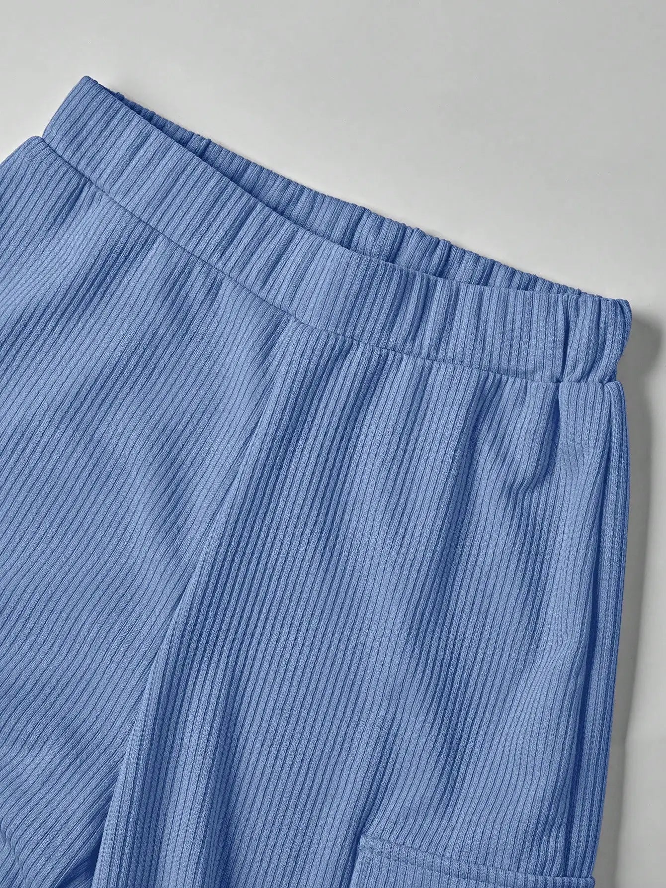 Women's Ribbed Knit Two-Piece Tracksuit - Short Sleeve Crop Top & High-Waisted Wide Leg Pants (Crewneck/Elastic Waist)