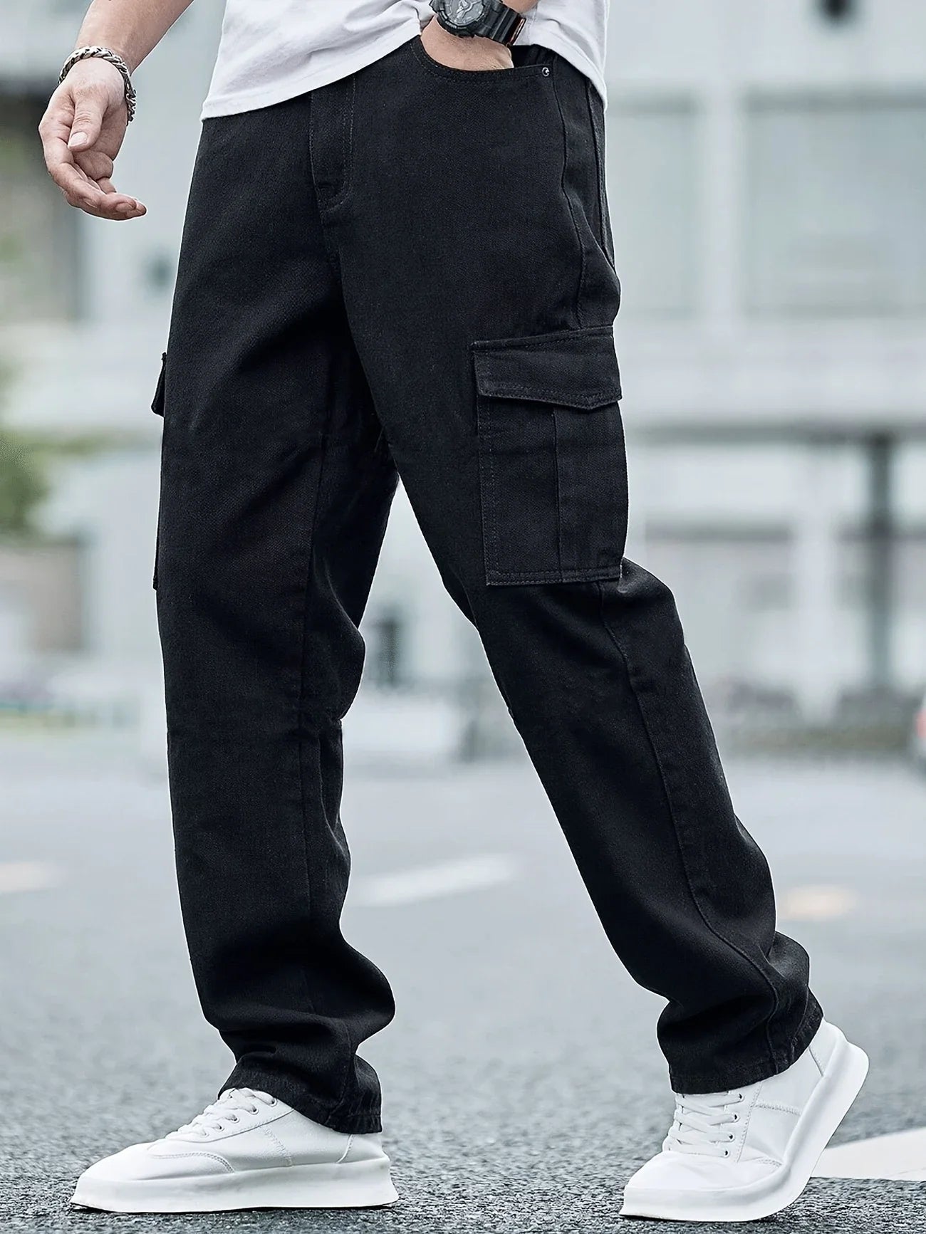 Men's Fashion Street Style Cropped Jeans, Cotton Blend, Non-Stretch, Solid Color, Loose Fit, Washed Denim, with Woven Fabric for