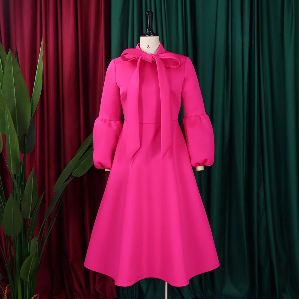 Elegant Party Dresses for Women Luxury Woman 2024 Bow Collar Full Sleeve High Waisted Pleated Mid Calf Birthday Dinner Celebrate
