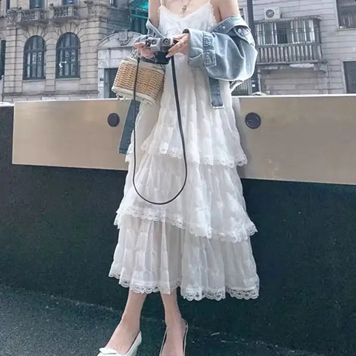 Summer  Long Vintage Casual Ruffles Elegant Maxi Strap Camis Silky Beach Lace Elegant Party Dress Vestidos Sexy Women