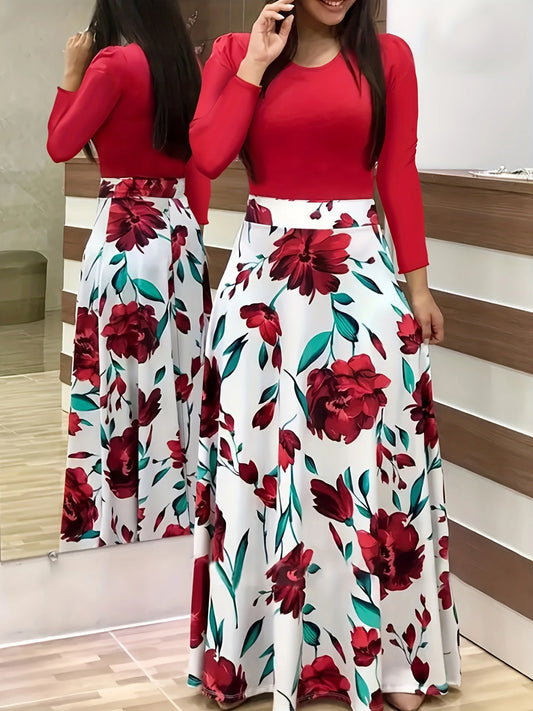 Plus Size Women's Dress Flower Print Round Neck Long Sleeve Elegant Dress