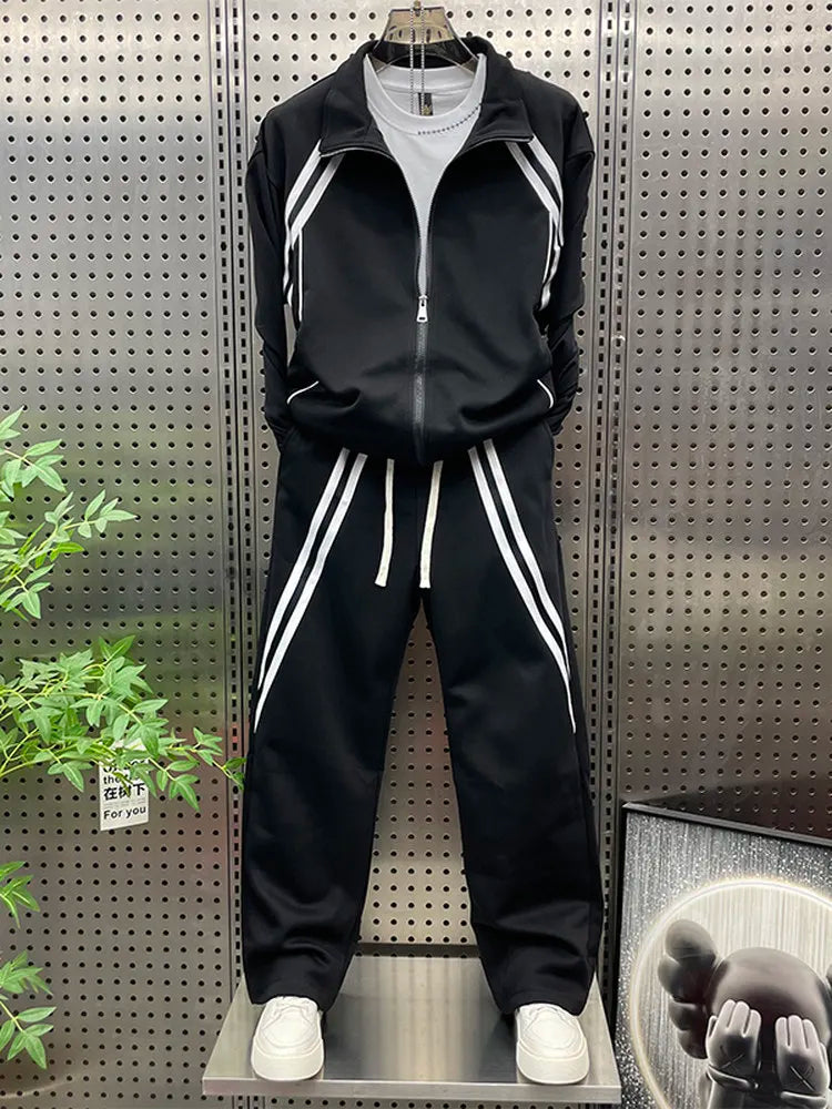 New Men Lapel Collar Zipper Tops Wide Leg Pants Sports Tracksuit Outdoor Jogging Running Set Mixed Colors Two Piece Training Set