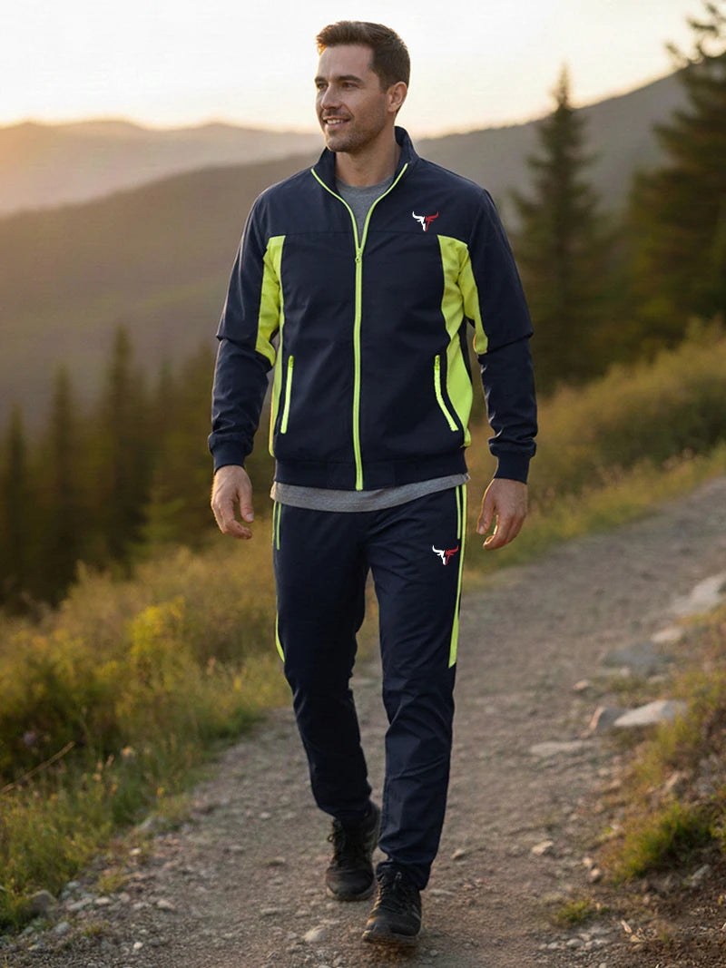 Bull Print Colorblock Sports Set for Men Outdoor Stand Collar Zip Up Jacket Coat Outwear Tops Pants Trousers with Zipper Pockets