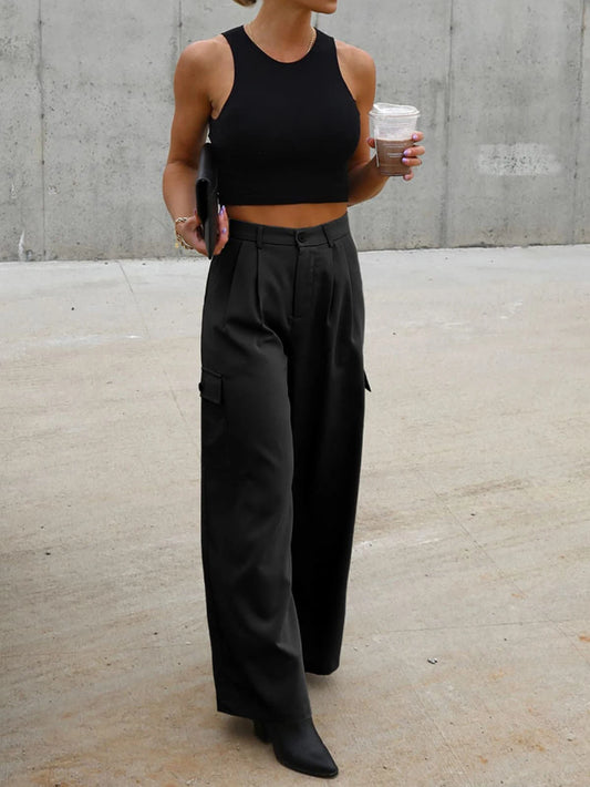 Casual High Waisted Pants for Women Loose Solid Color Versatile Wide Leg Pants with 4 Pockets Cargo Pants Black M