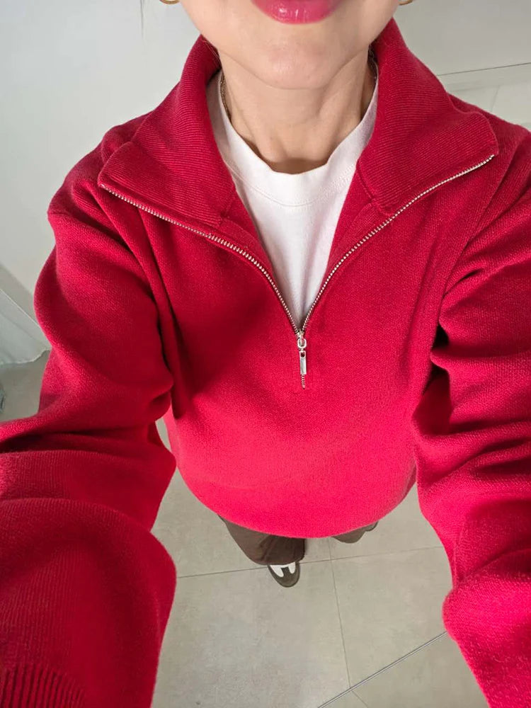 Red Zip Up Sweater Women Brown Oversized Winter Autumn Pullovers Half Zip Thick White Turtleneck Sweater With Zipper Women Warm