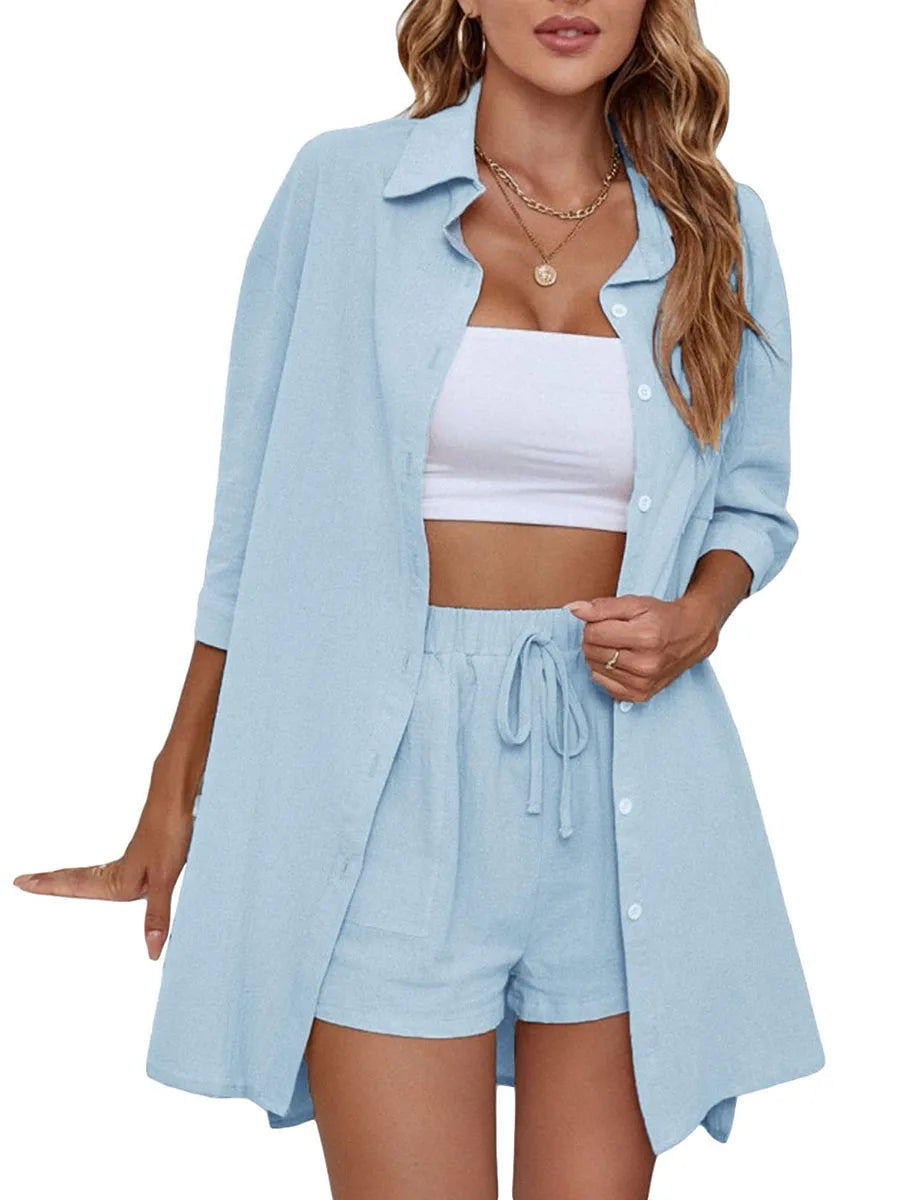 Women’s Casual 2 Piece Outfits Fashion Short Sleeve Button Down Oversized Shirt Shorts Set Loungewear