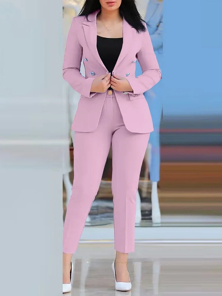 2Pcs Women's Solid Color Suit + Trousers Two-Piece Set Slim Fit Business Fashion Double Breasted Formal Female Clothes Outfit