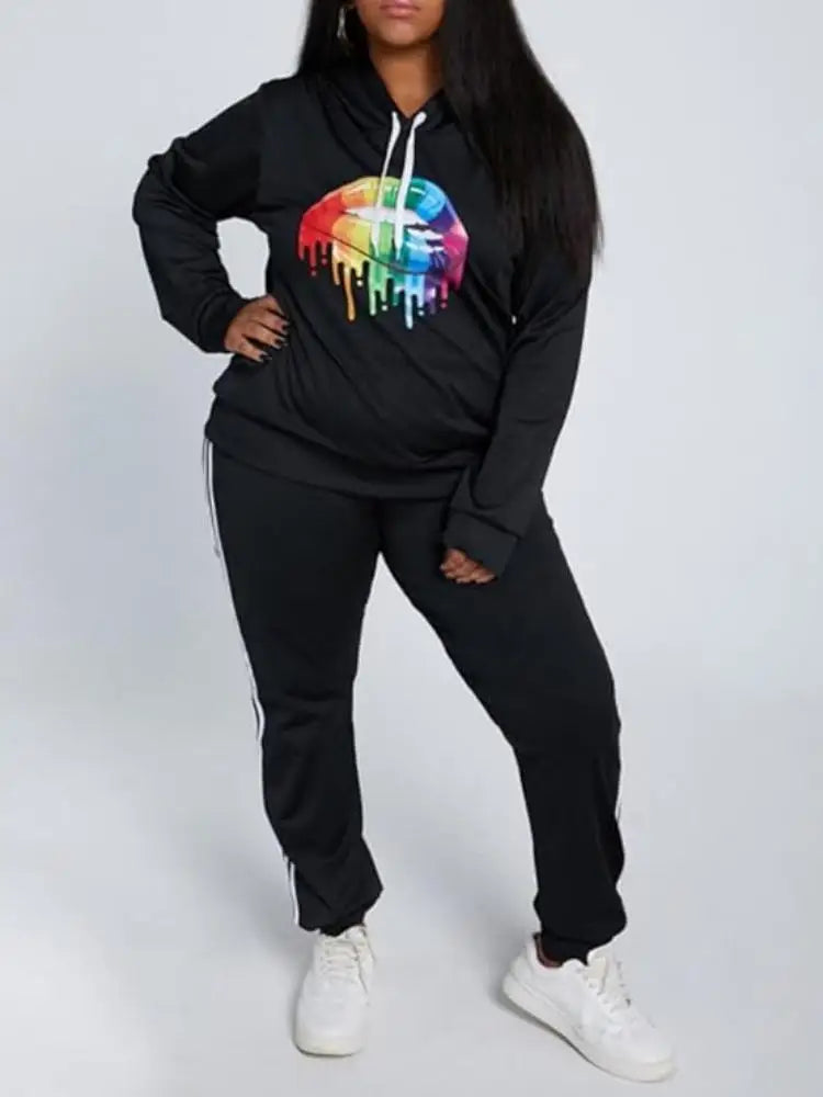 Womens Casual 2 Piece Tracksuit Outfits Lip Print Pattern Long Sleeve Pullover Pants Set