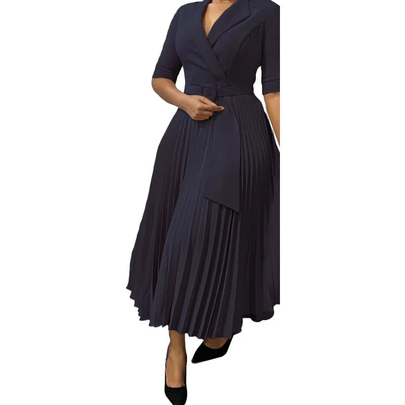 Elegant Office Dresses Pleated for Woman Notched Collar Half Sleeve Belt Waisted Mid Calf Professional Afircan Business New Robe