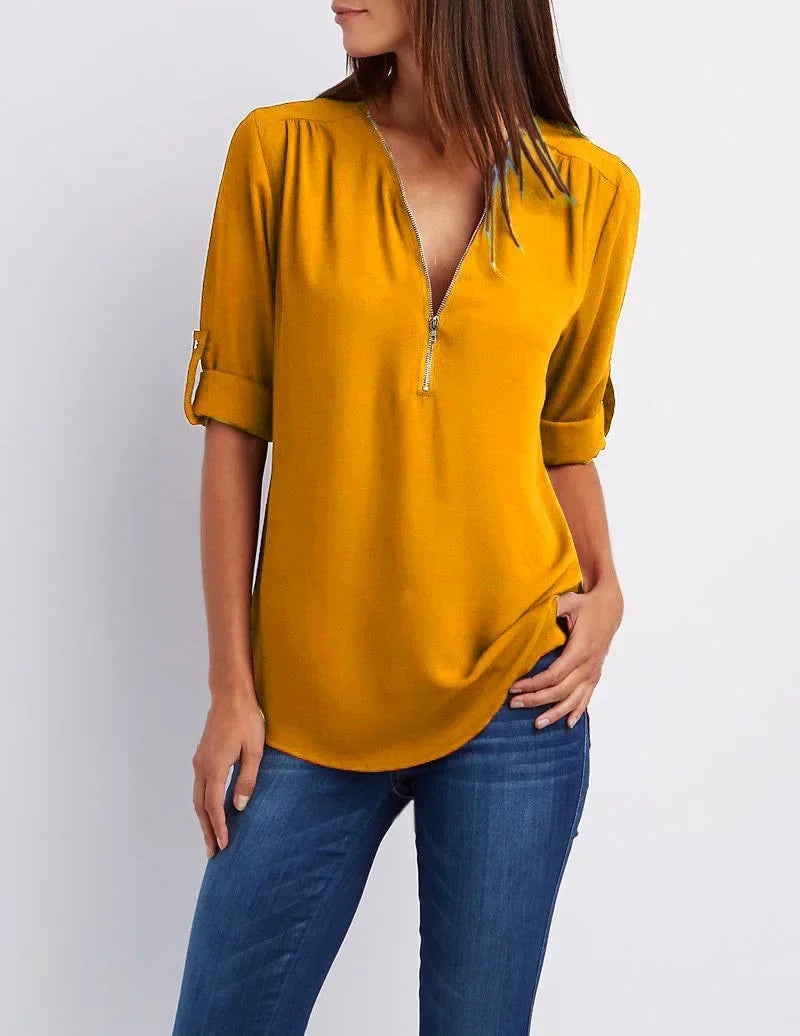 2025 Hot Sale Women Cool Loose Shirt Deep V Neck Chiffon Fashion Blouse Casual Ladies Tops Sexy Zipper Pullover Plus Size