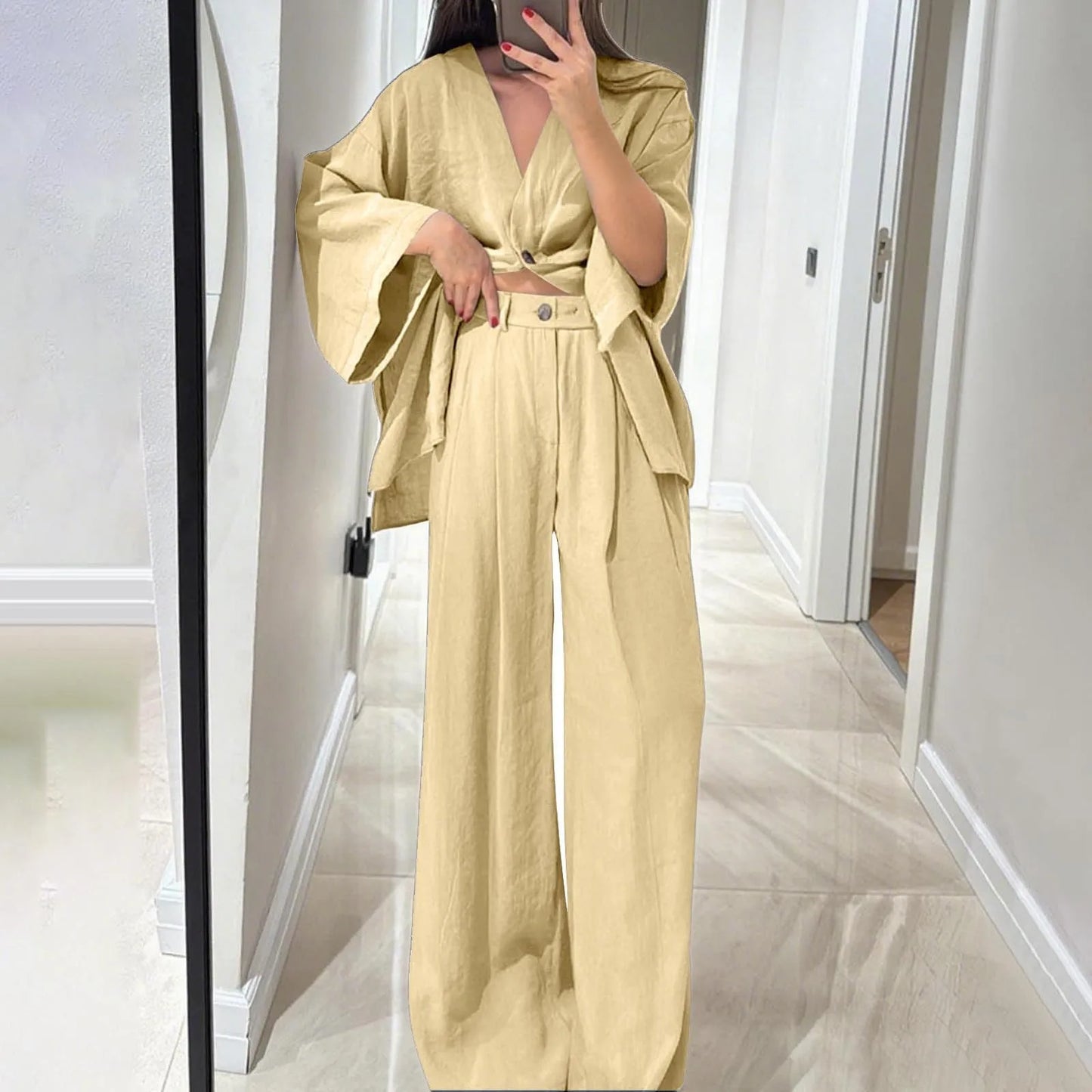 Two Piece Outfits For Women V Neck Button Down Shirt Top And Wide Leg Pants Set Loose Sweatsuits Conjunto Dos Piezas Mujer