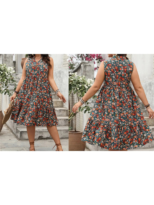 Women Plus Size Dress Geometric Print Round Neck Sleeveless Casual Dress Summer Casual A-line Dress with Pockets