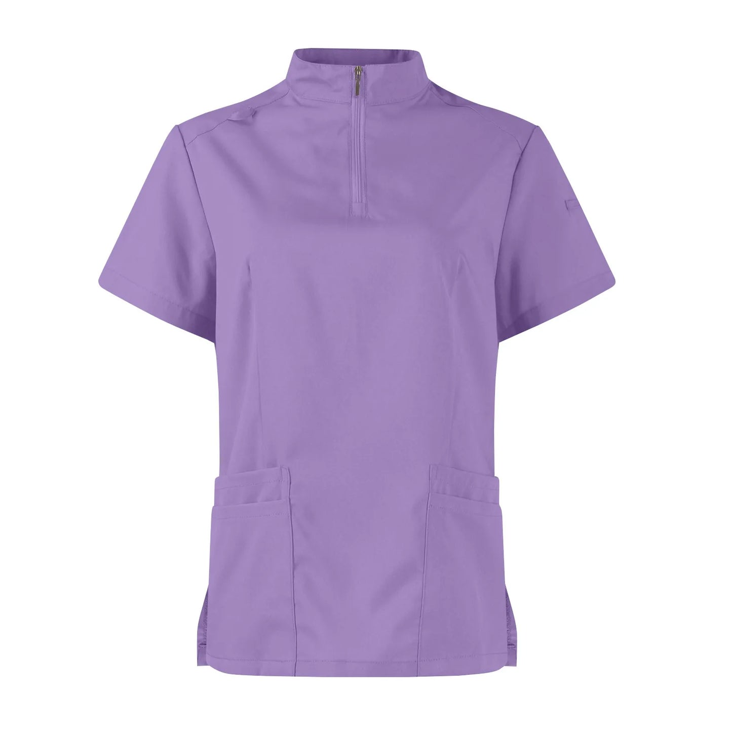 Women Two-Piece Set Solid Color Stand-Up Collar Short-Sleeve Top With Zipper Pocket And Matching Pants Professional Workwear