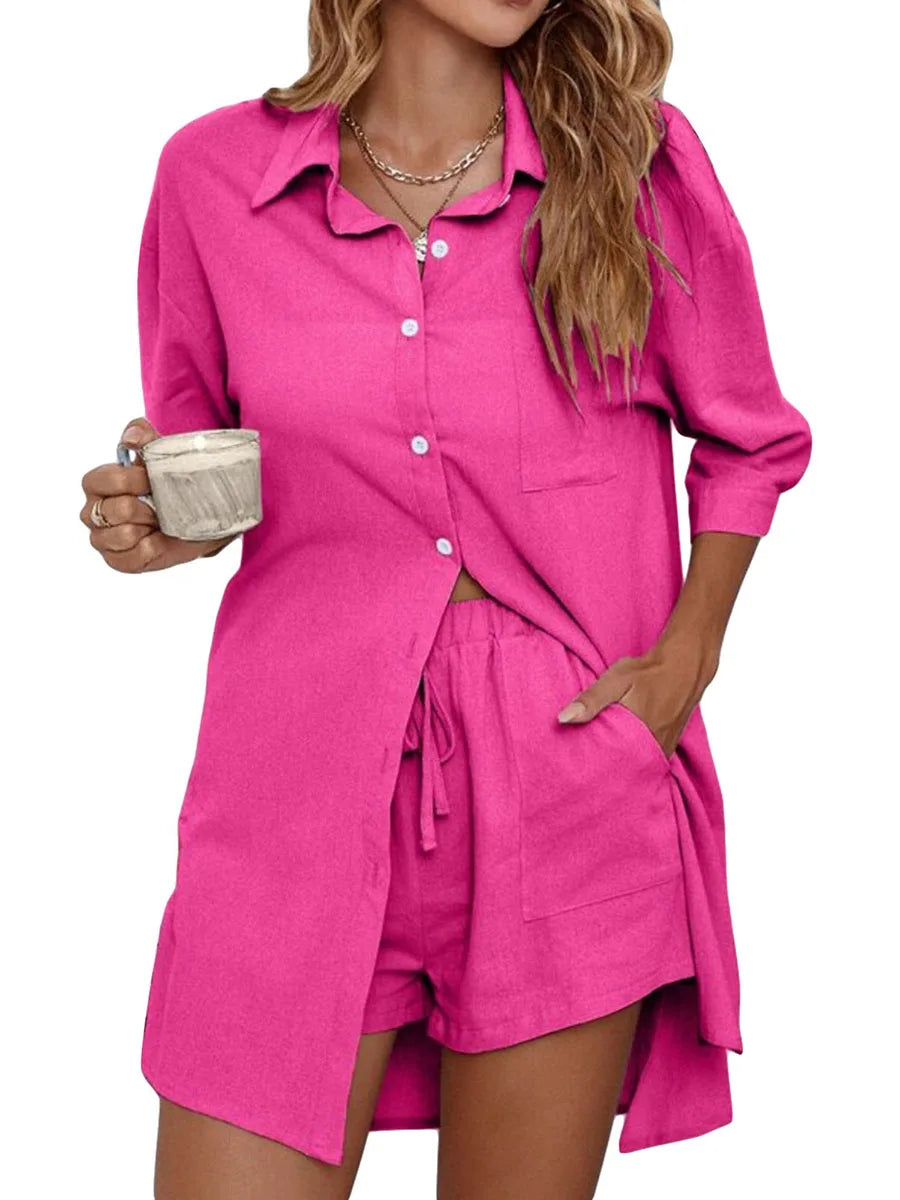 Women’s Casual 2 Piece Outfits Fashion Short Sleeve Button Down Oversized Shirt Shorts Set Loungewear