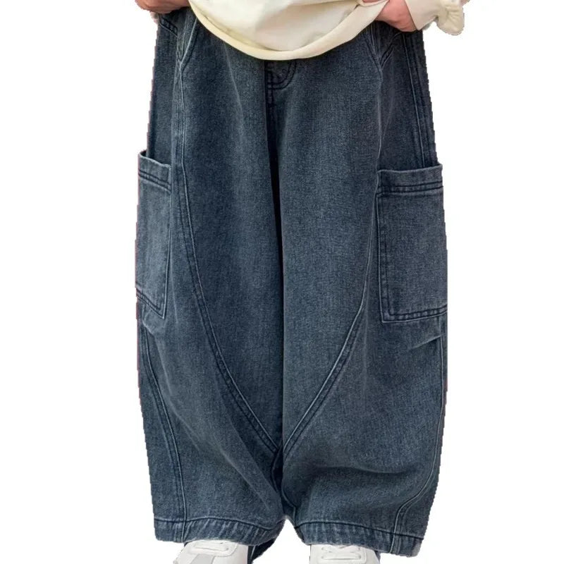 Boys Denim Pants Loose 2-10Yrs Kids Boys Casual Trousers Side Big Pockets Toddler Baby Boys Straight Jeans