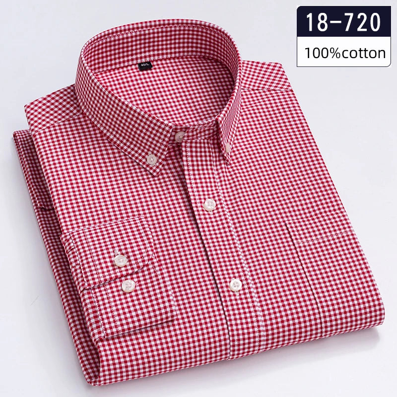 New in Shirt High-Quality 100% Cotton Long-Sleeve Shirts for Men Slim Fit Casual Soft Plaid Tops Single Pocket Houndstooth Cloth